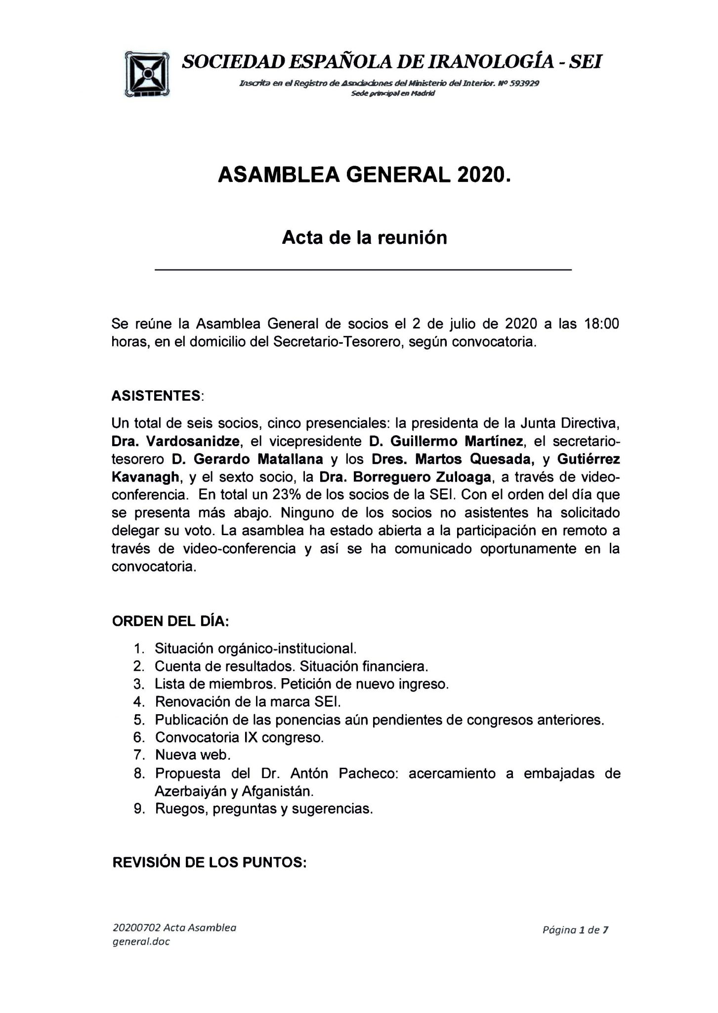 Acta Asamblea General Sociedad Espa Ola De Iranologia Sei